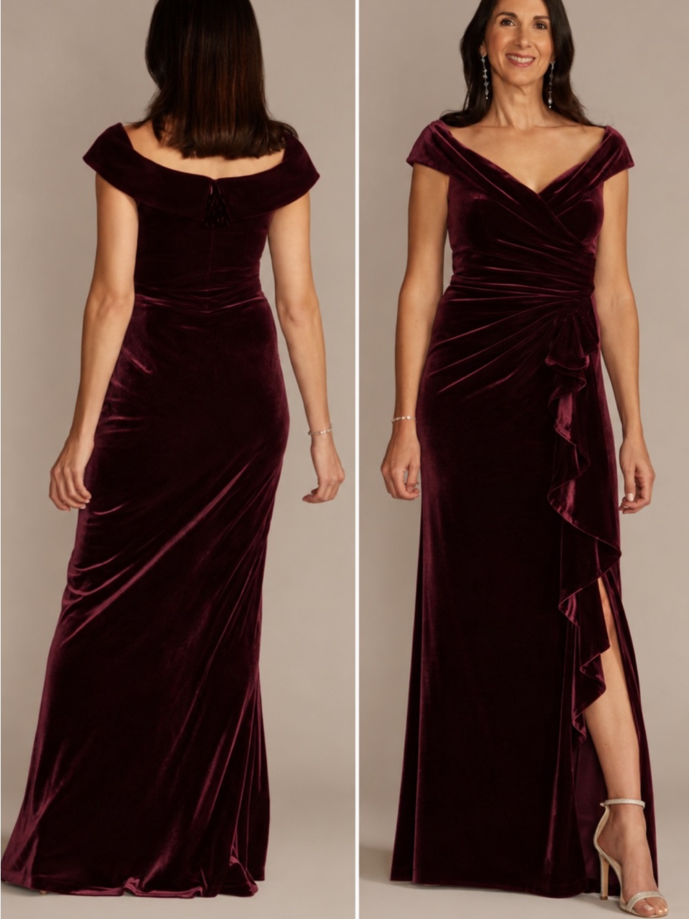 David's Bridal Velvet Off-Shoulder Maxi Gown in Burgundy